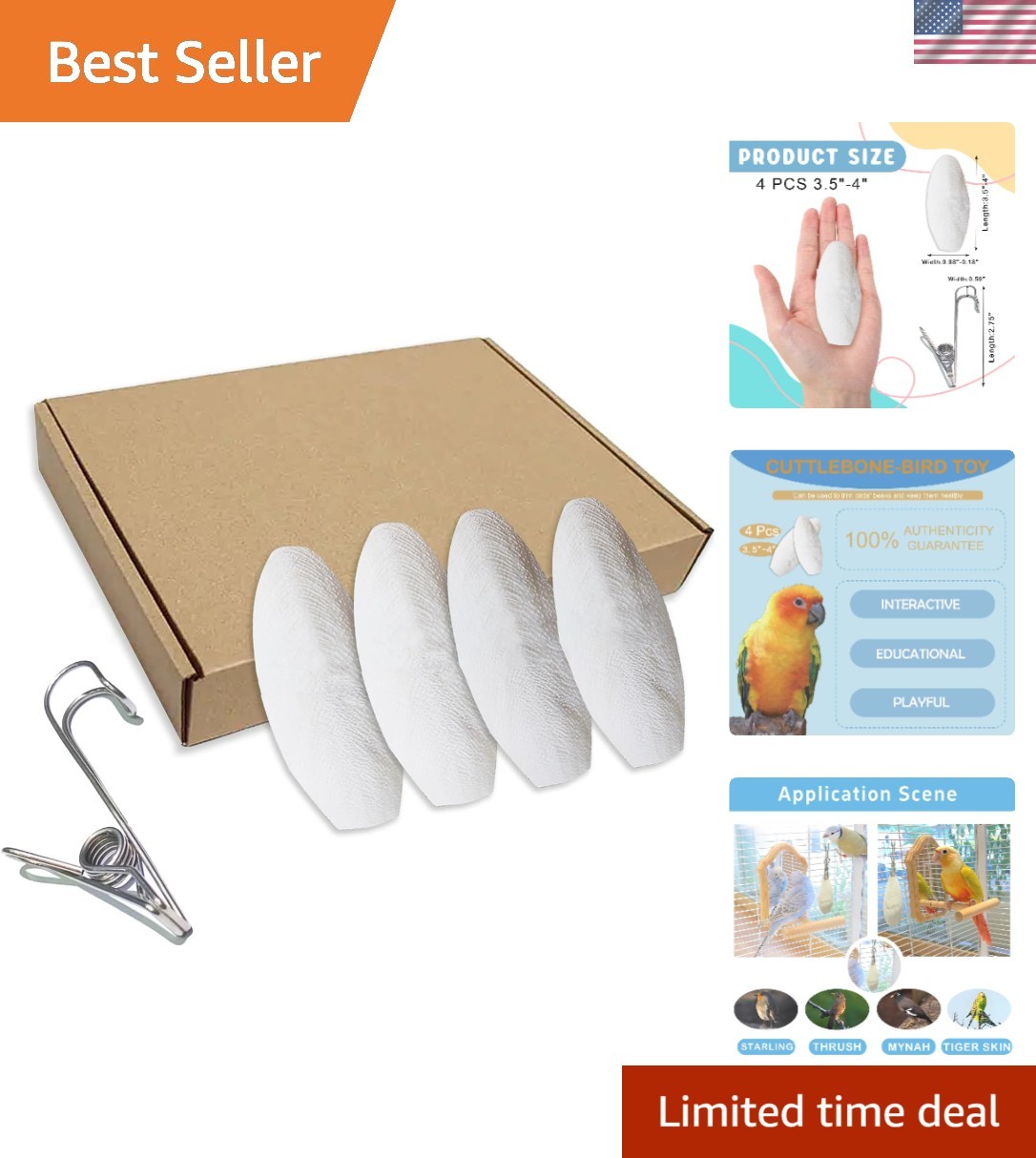 4-Pack Natural Cuttlebone 3.5”-4” for Small to Medium Birds – Easy to Install