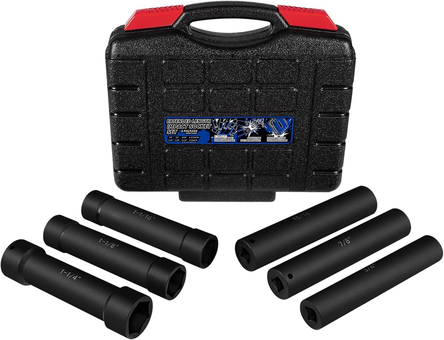 1/2 Inch Drive Heavy Duty Extra-Deep Length Impact Socket Set with Storage Case
