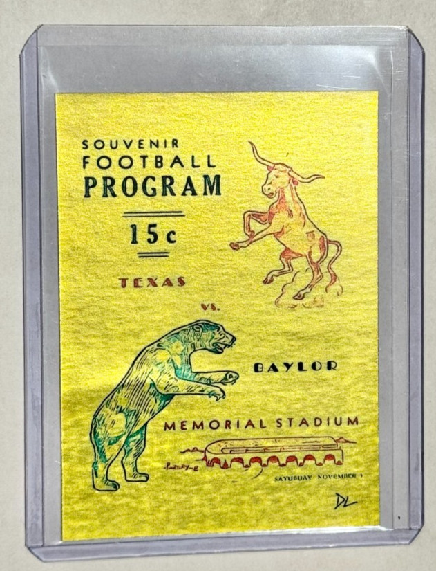 1938 Texas Vs. Baylor Platinum Plated Artist Signed Football Program Card 1/1