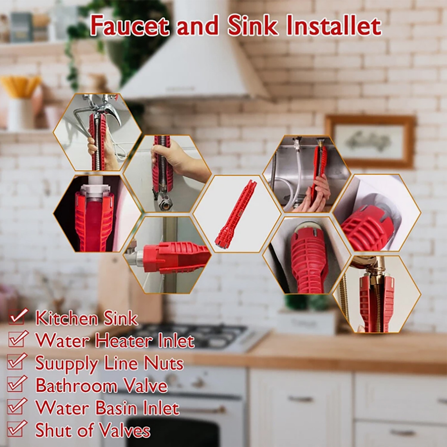 Faucet Sink Installer 8 in 1 Multi Tool Pipe Wrench Plumbing for Kitchen Bathroo
