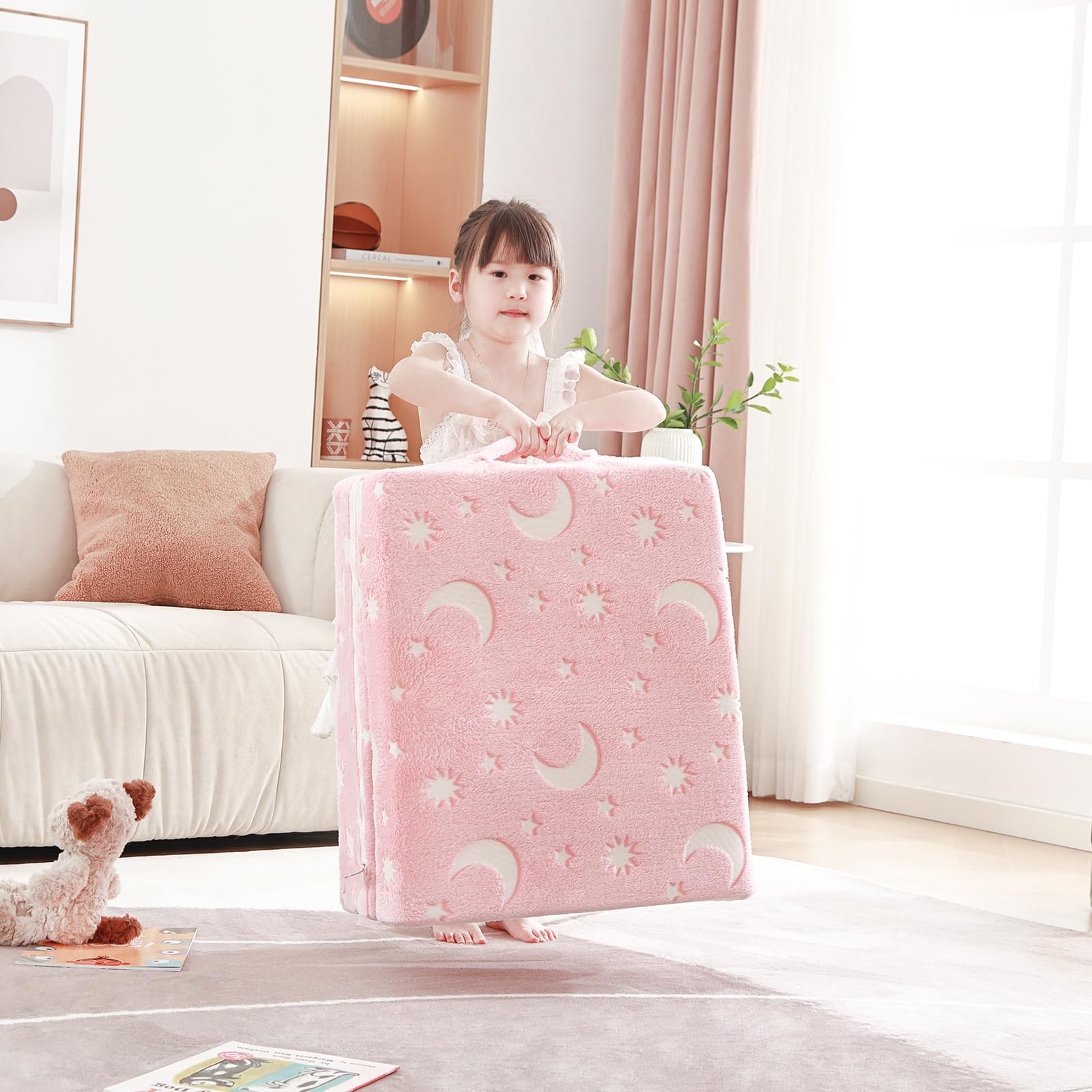 Foldable Floor Mattress for , Glow in The Dark Pink Moon Washable Tri Folding...