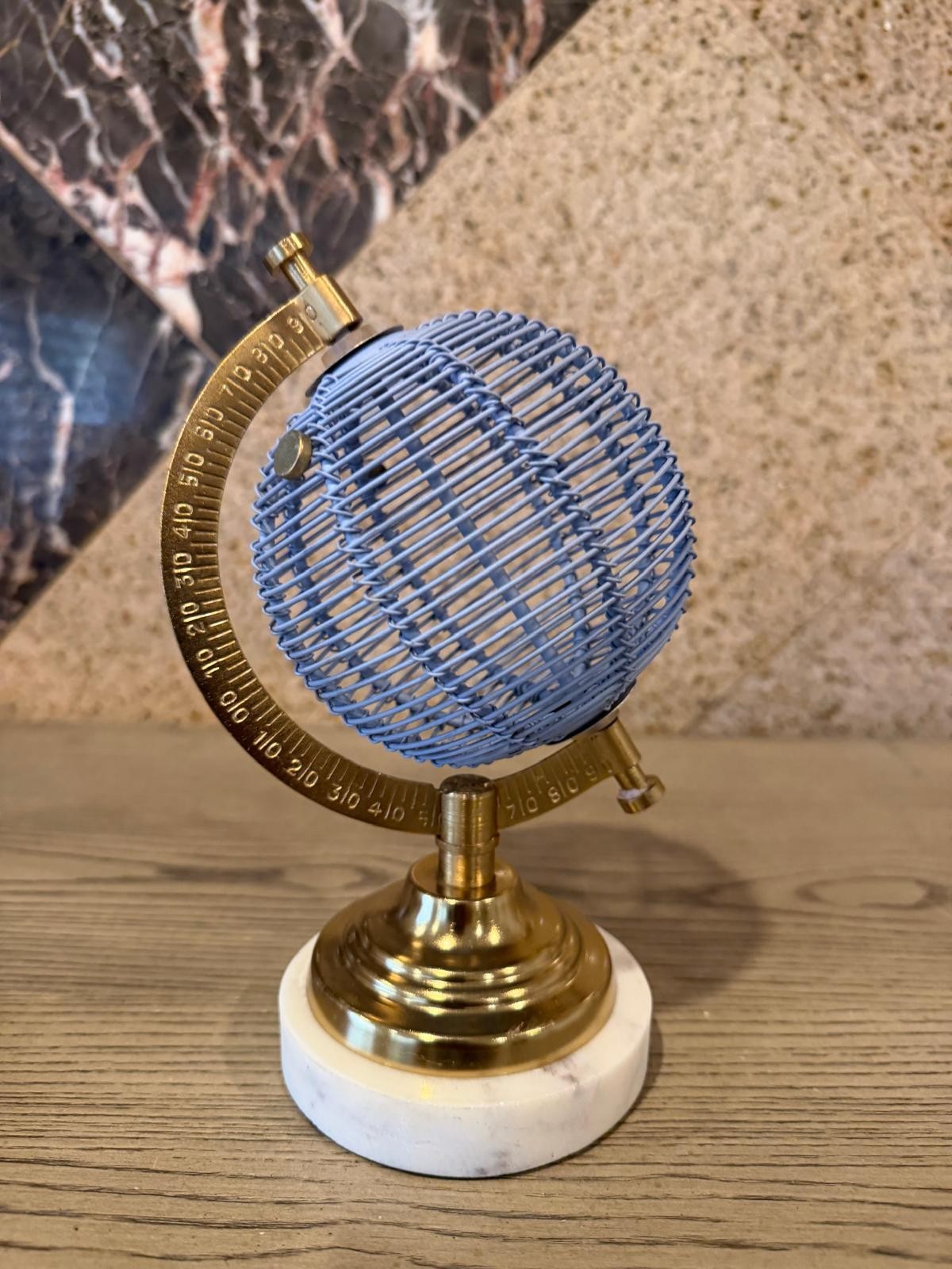 Decorative Metal Baby Blue Wire Tabletop Globe World Marble Base Gold Frame 8"