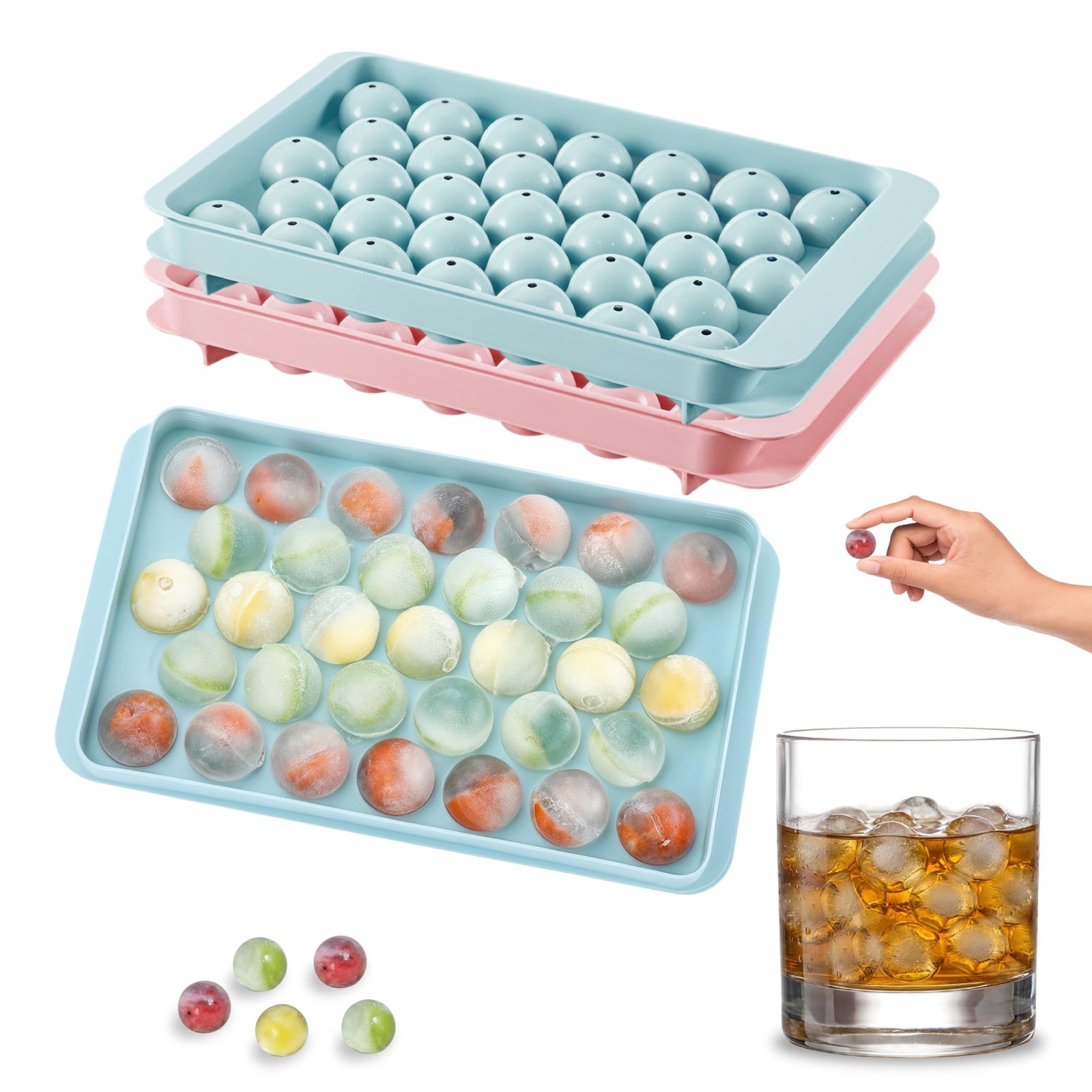 2 Pack 0.8" Mini Round Ice Cube Trays with Lid, 66PCS Ice Ball Maker Molds