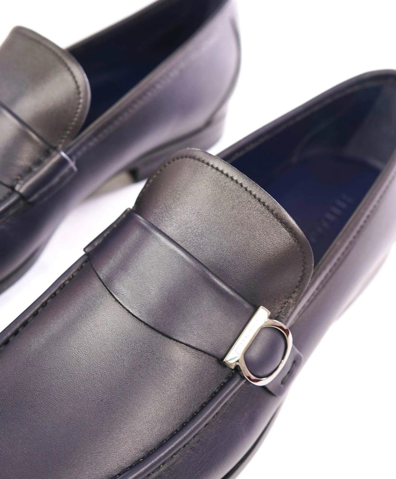 $850 FERRAGAMO - Midnight Blue Leather "DUOMO" Loafers - 12 E