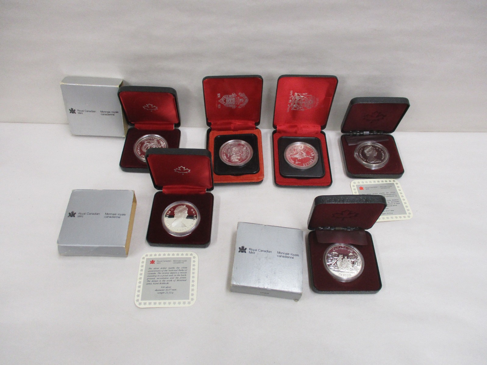 6 Canadian Silver Prooflike Dollars 1974 1976 1983 1985 1988 & 1989 In Mint Box
