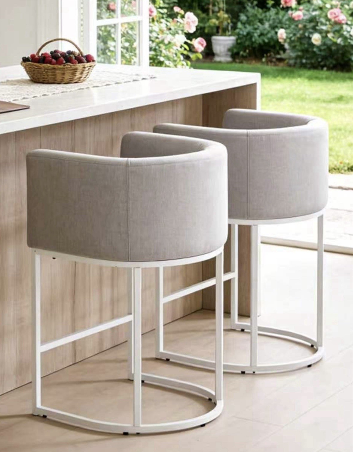 Modern Gray Upholstered Bar Stools, U-Shaped Backrest, White Frame, Set of 2