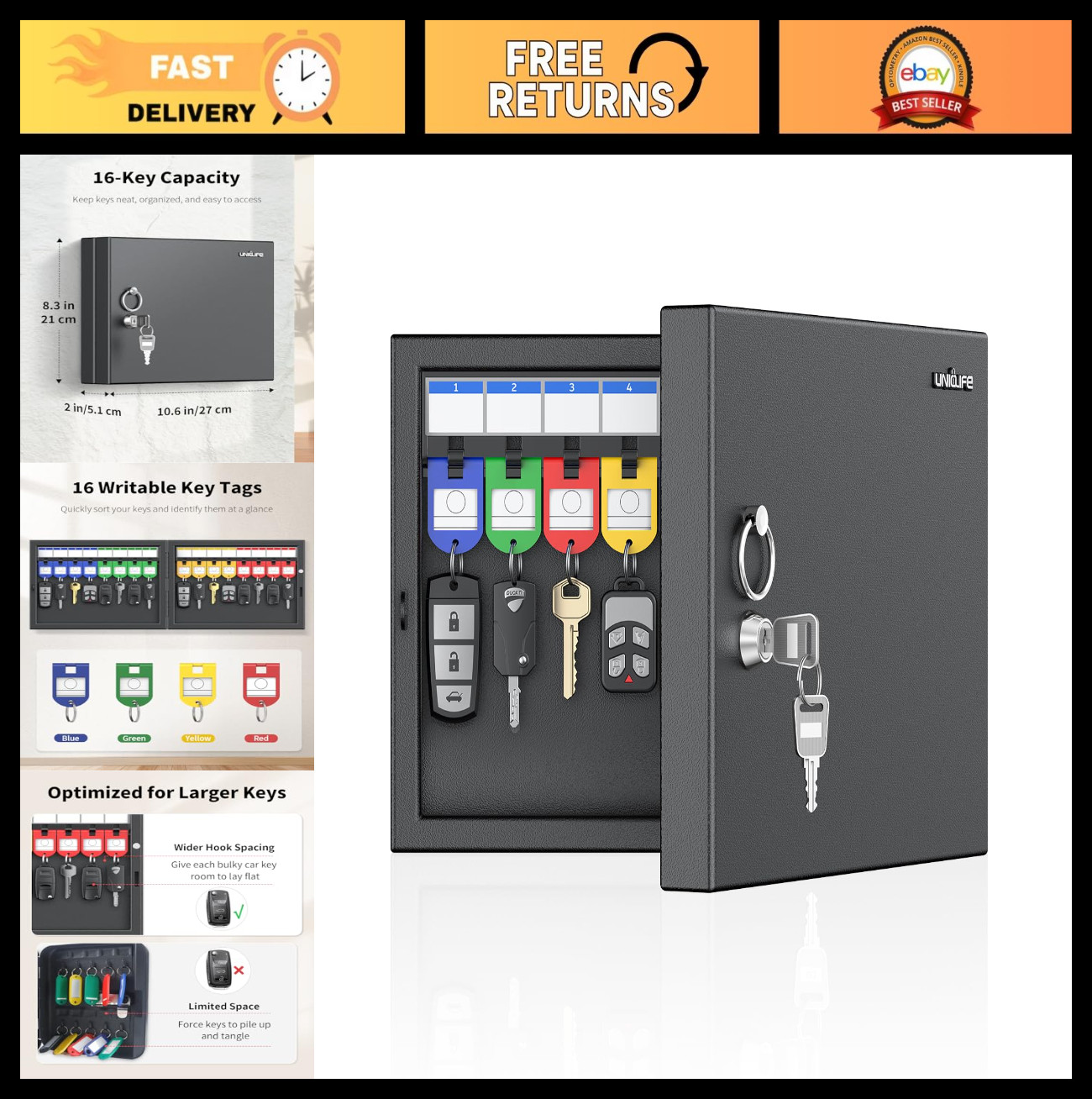 16 Keys Wall Mount Key Lock Box - Car Key Organizer with Writable Racks & Tags,