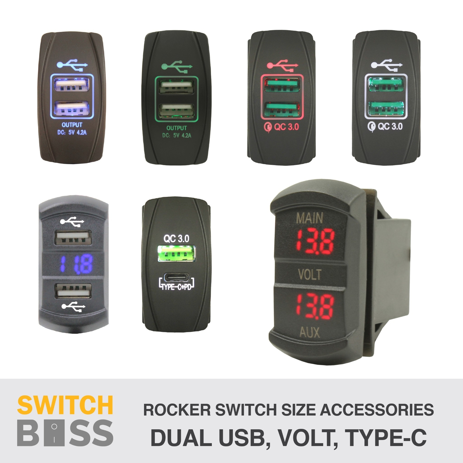 All ROCKER SWITCH Size DUAL USB VOLT Type-C Accessories 12v Panel Mount Display