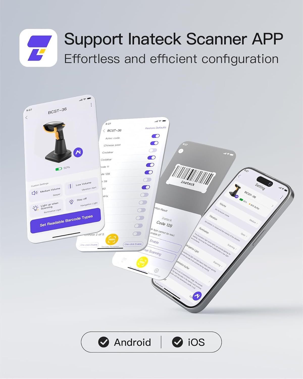 Inateck 2D Bluetooth Barcode Scanner AI Wireless QR Code W/ Smart Charging Base