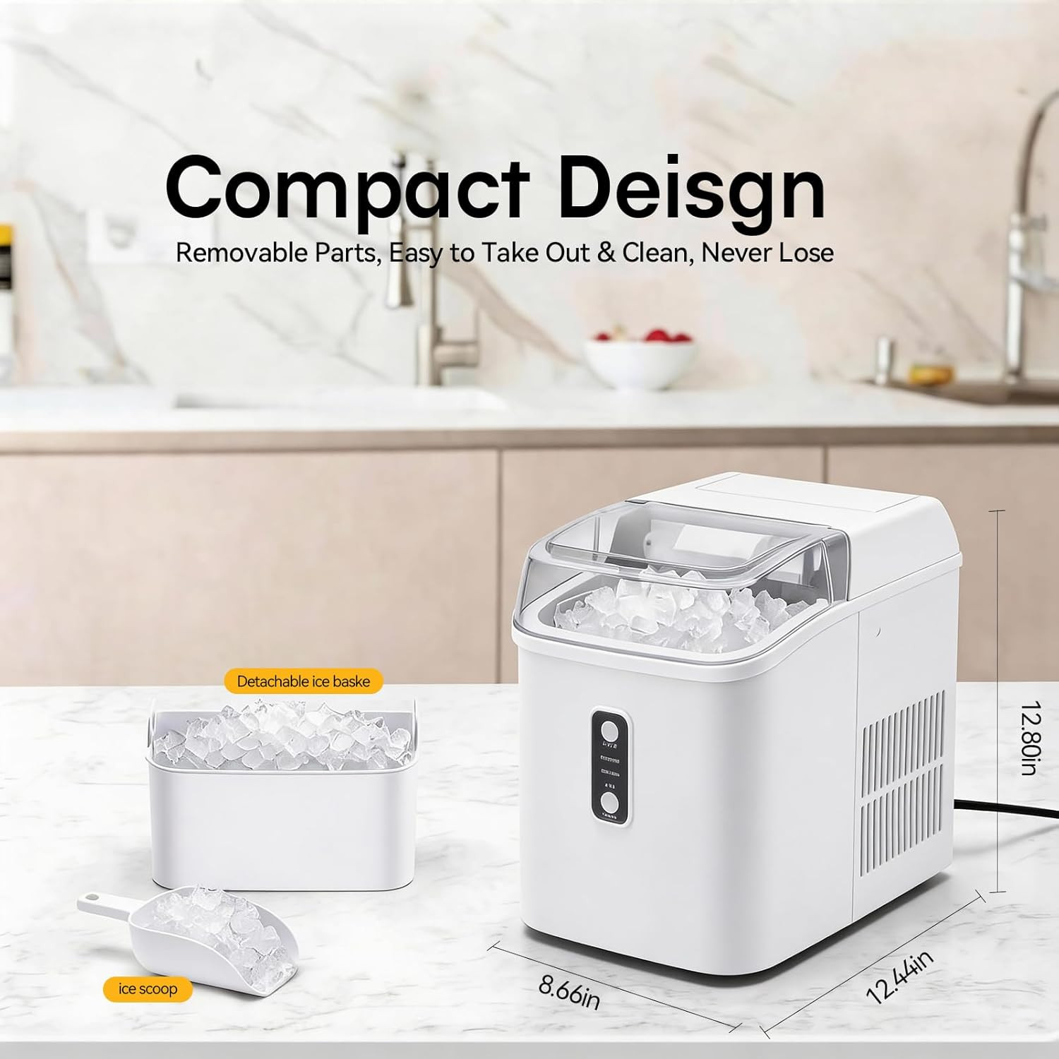 Nugget Ice Maker Countertop, Portable Ice Makers Machine with Removable Basket a