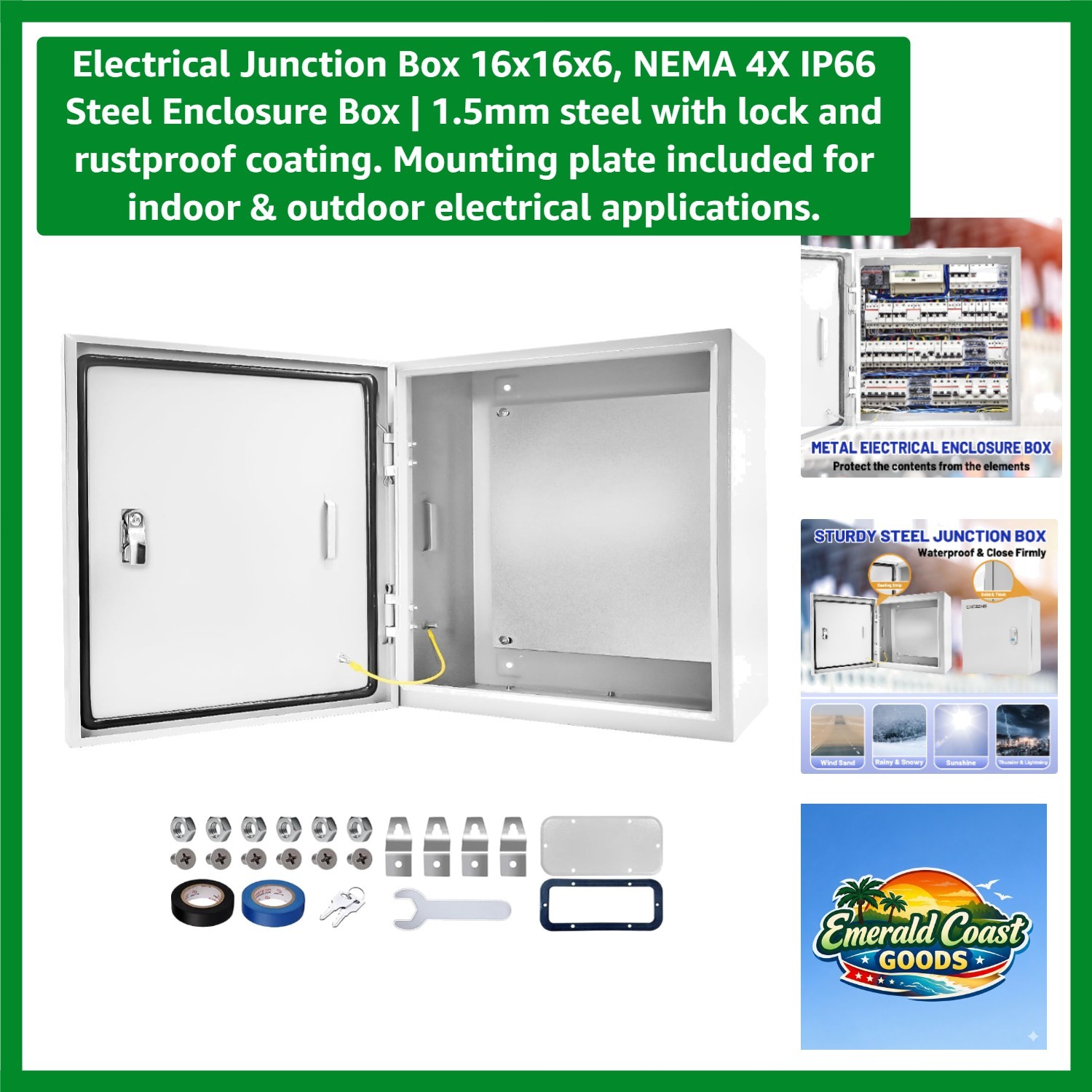 Electrical Junction Box 16x16x6, NEMA 4X  Steel Enclosure Box | 1.5mm steel w...