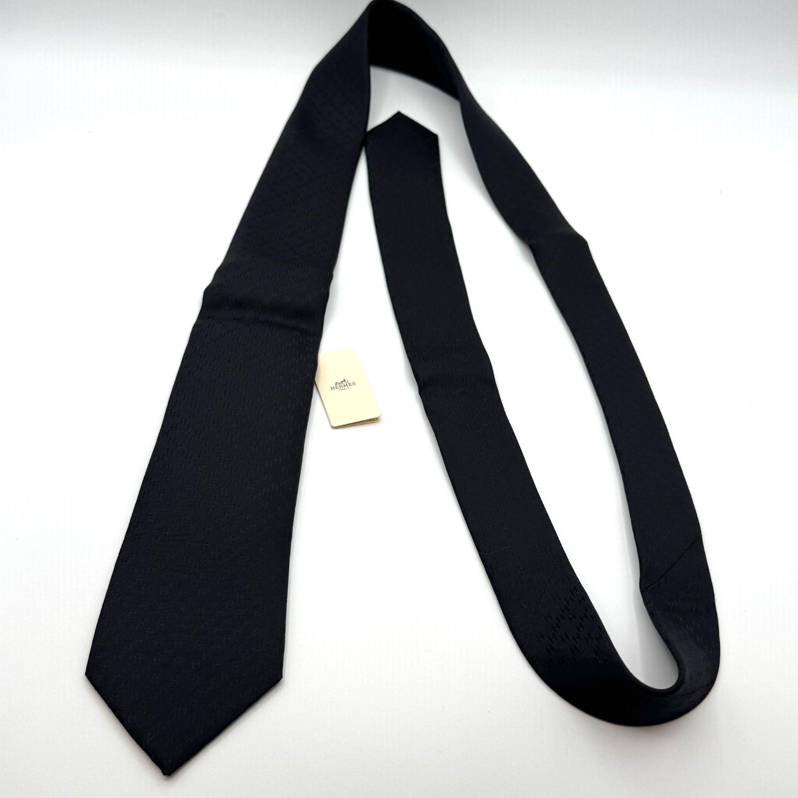 Hermes Fasone H Pattern Jacquard Black Silk Tie with Tag & Box