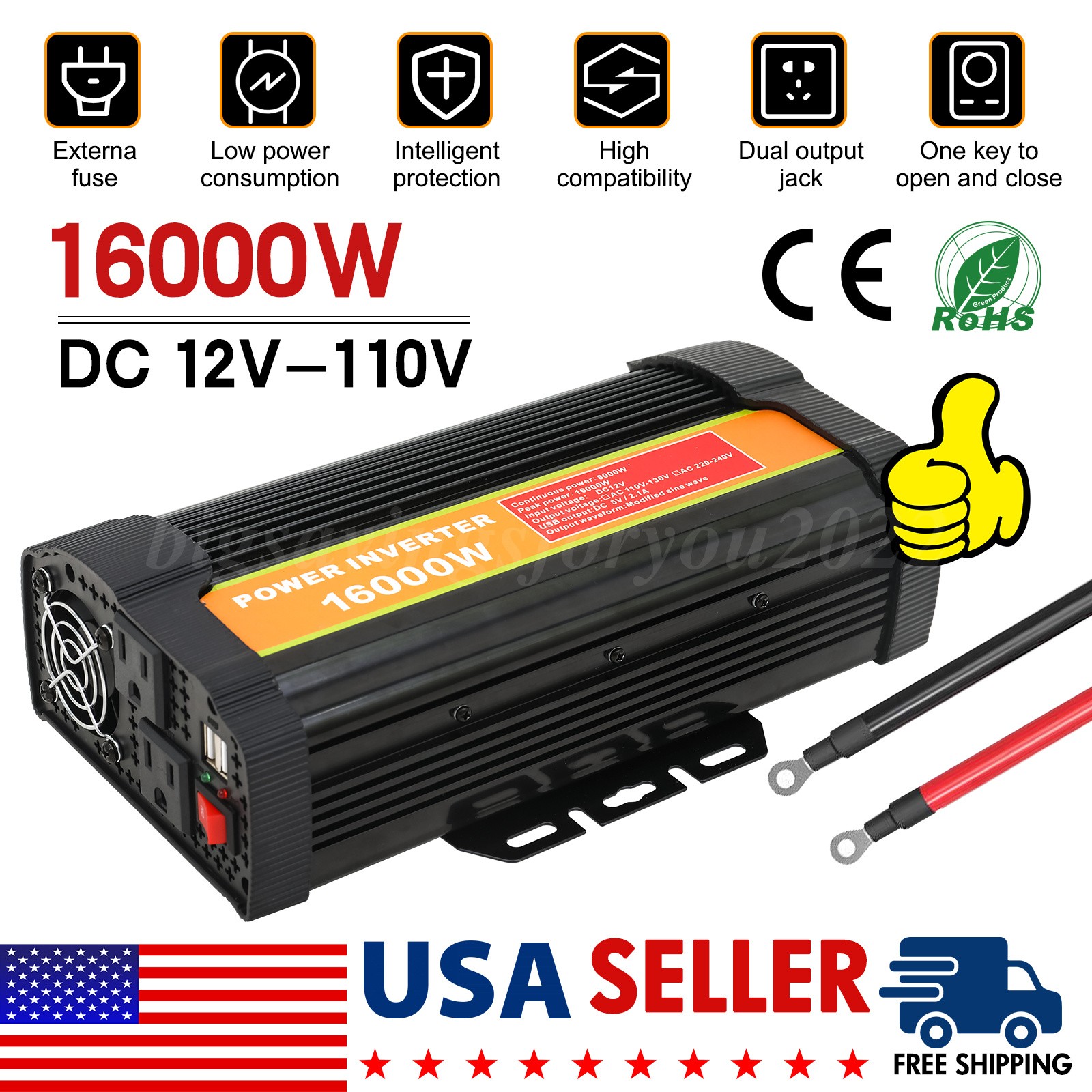 16000W Car Power Inverter Pure Sine Wave Solar Converter DC 12V/24V To AC 110V
