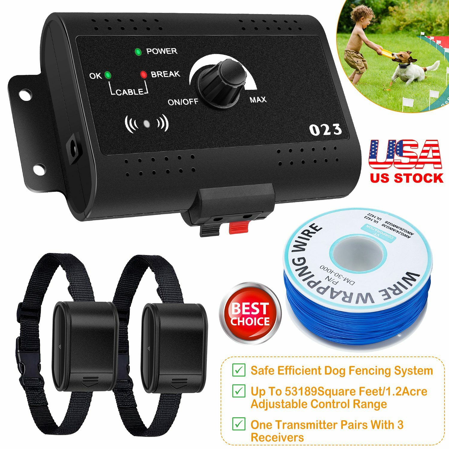 Underground Electric Dog Pet Fence System Waterproof 2 Dogs Safe Shock Collars