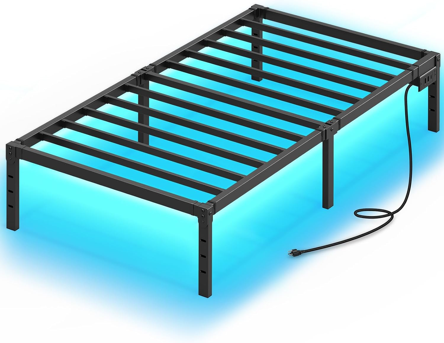 Bed Frame with USB Charging Station, Twin Bed Frame with LED Lights, Platform Be