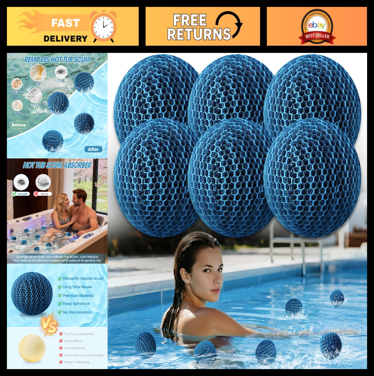 6 Pack Hot Tub Scum Absorber Balls - Spa & Pool Oil Eliminating Sponges, Accesso