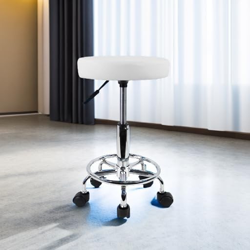 PU Leather Round Rolling Stool W/ Foot Rest Swivel Height Adjustable Stool Spa