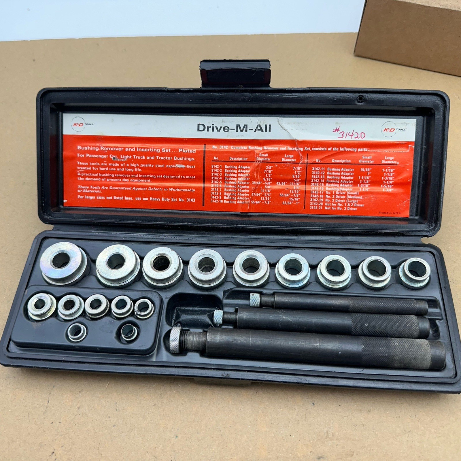 K-D Tools Drive-M-All Bushing Remover & Inserting Set 31420 KD Complete Nice VGC