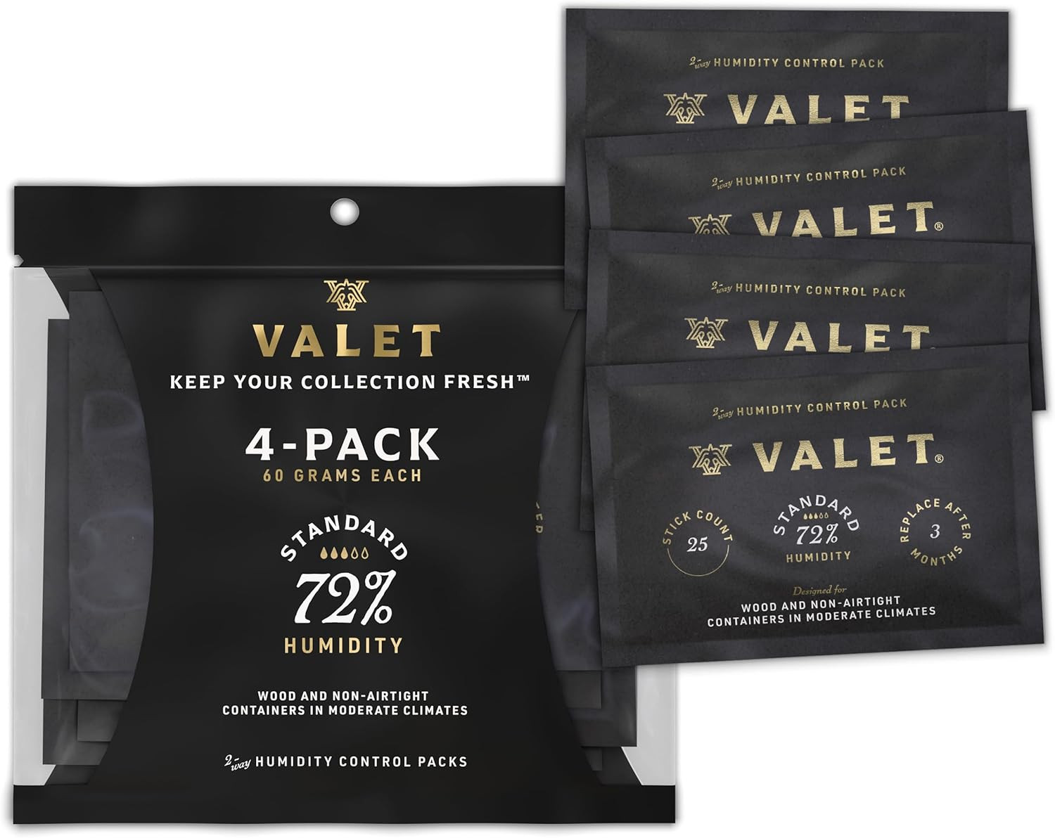 Valet 72% Two-Way Humidity Packs for Wood Container, 4-Pack, 60g Each, Prevents