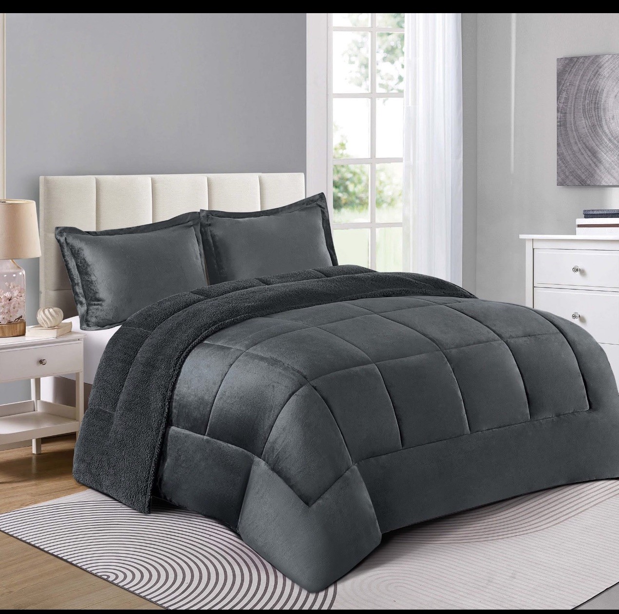 Ultra Soft Queen Size “Solid Gray” Heavy Thick 3pcs Borrego Sherpa Blanket Set