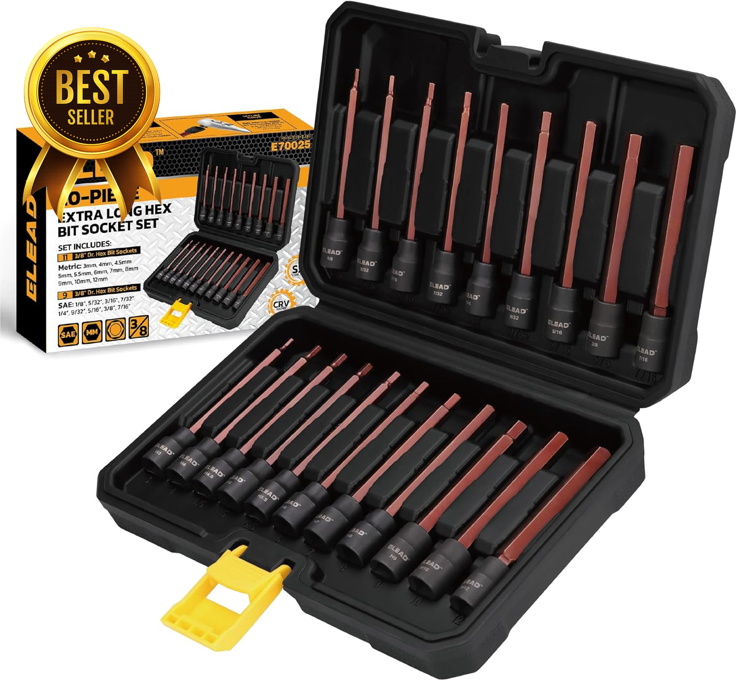 20-Piece Extra Long Allen Hex Bit Socket Set 3/8" Drive SAE & Metric 110mm S2 St