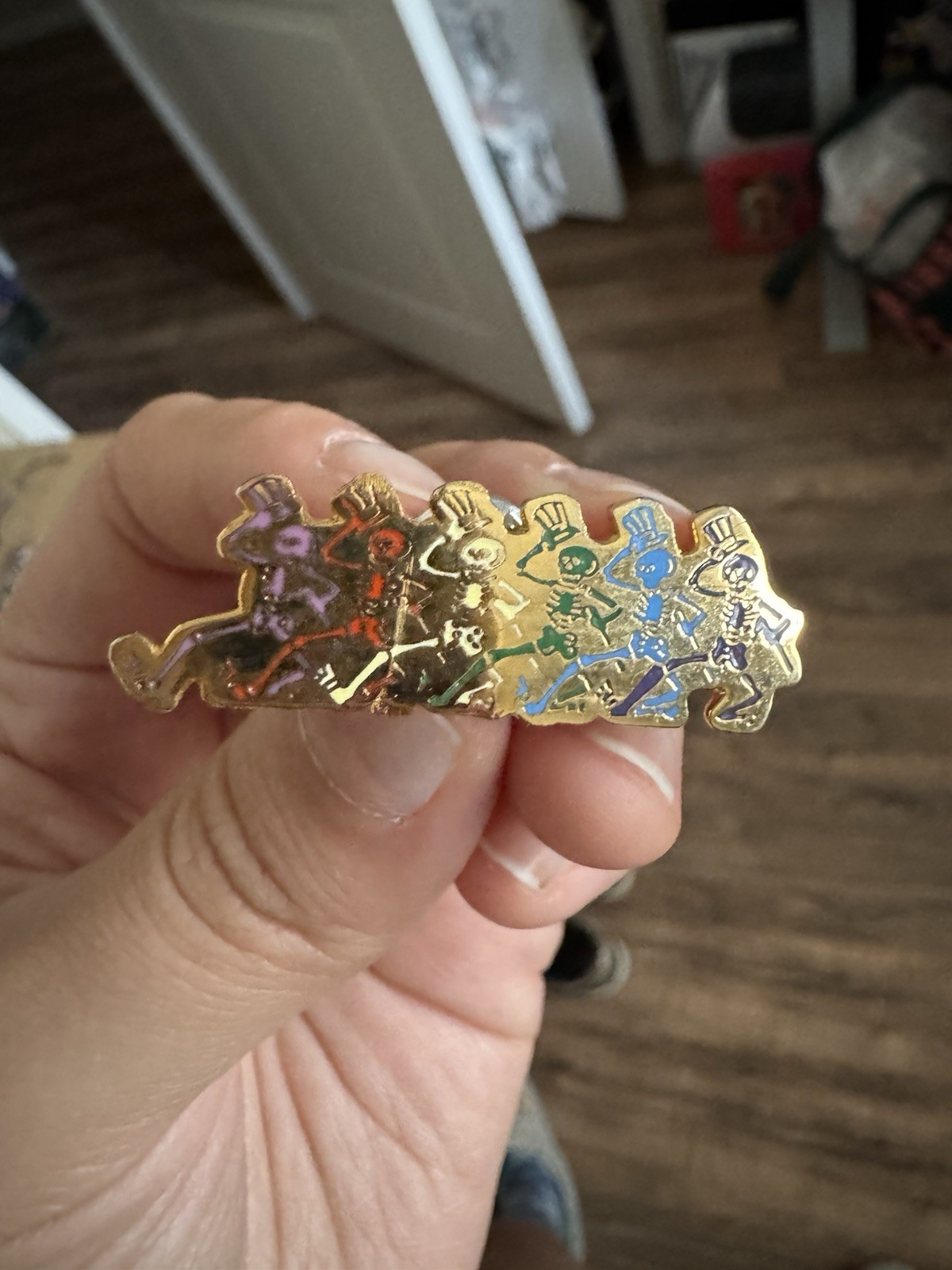 “Grateful Dead Dancing Skeletons” Lapel Pin – Albert Elovitz - Gold Tone Vintage
