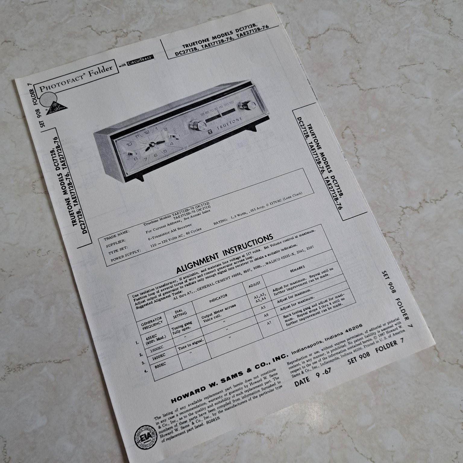 TRUETONE Manual DC1712B DC2712B AM Receiver 1967 Photofact Circuitrace