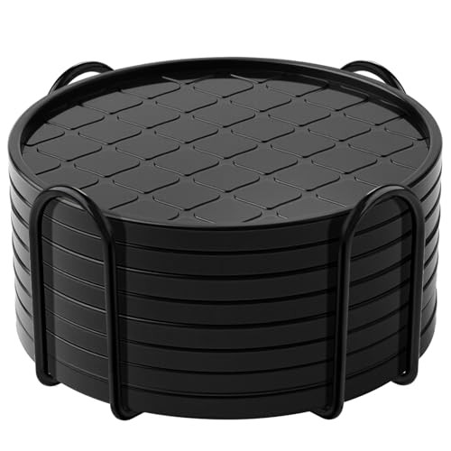 Coasters Set of 8,Hot or Cold Drink Coasters with Holder,Modern 8 pcs Black