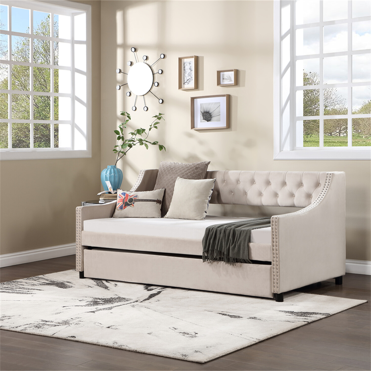Twin/Full Size Daybed Upholstered Bed Frame Sofa Bed with Trundle Bed Beige/Grey