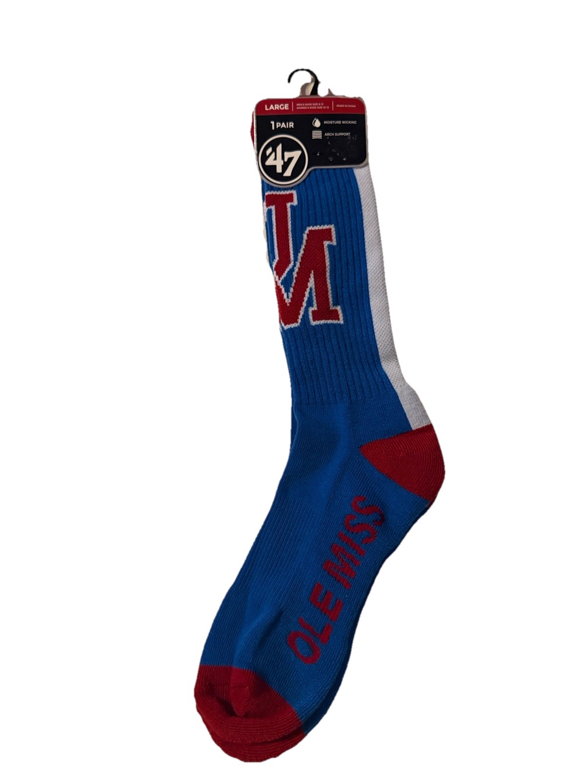 DISCONTINUED '47 Brand Ole Miss Rebels Moisture Wicking Crew Socks sz L 9-13 A11