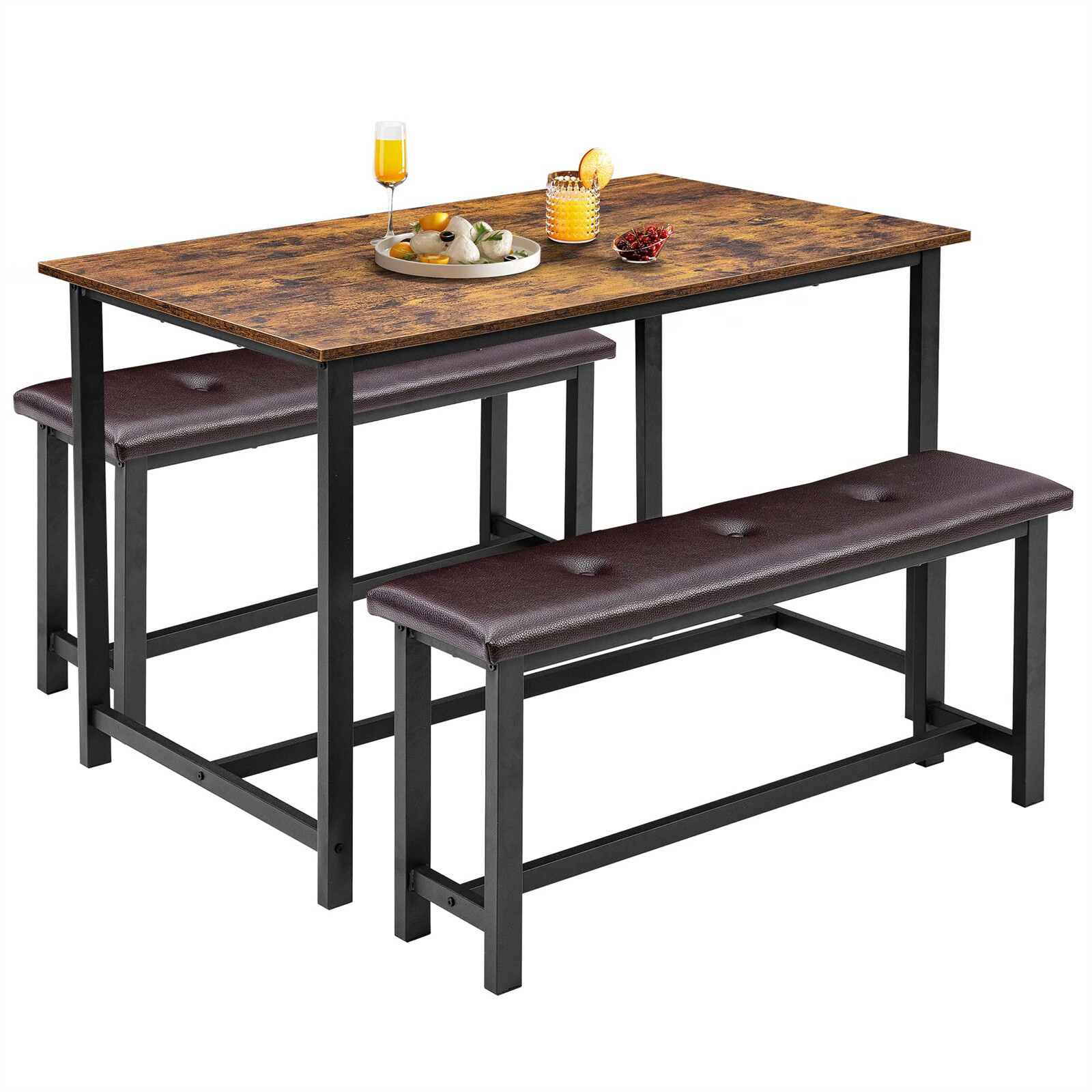 4pack Dining Table Set Kitchen Table with 2 Upholstered Benches for Apartment