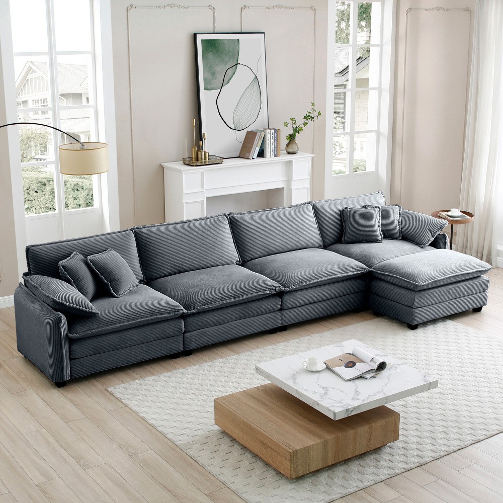 4 Seater Grey Corduroy Sectional Sofa w/ Footstool & Pillows, Easy Assembly