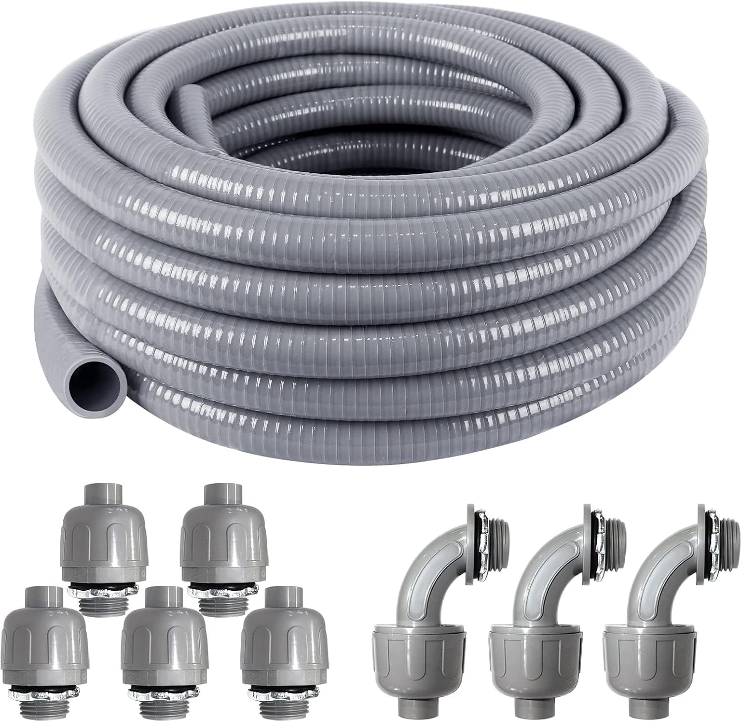 3/4" 25ft Liquid Tight Electrical Conduit Kit PVC Flex w/ Straight & 90° Fitting