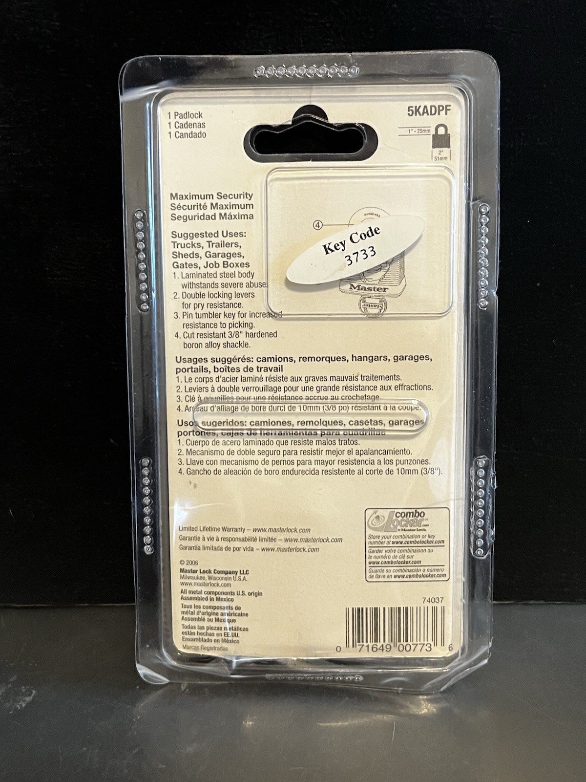 Master Lock Padlock Keyed 5KADPF Contractor Grade 1" Shackle 2" Wide 3733 Code