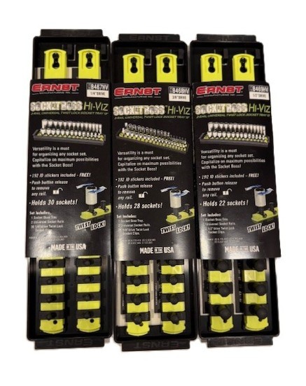 Ernst 8467 8 9HV -Socket Boss 3-Trays 6) 13" Rails Ratchet Holders ¼ ⅜ ½" Yellow