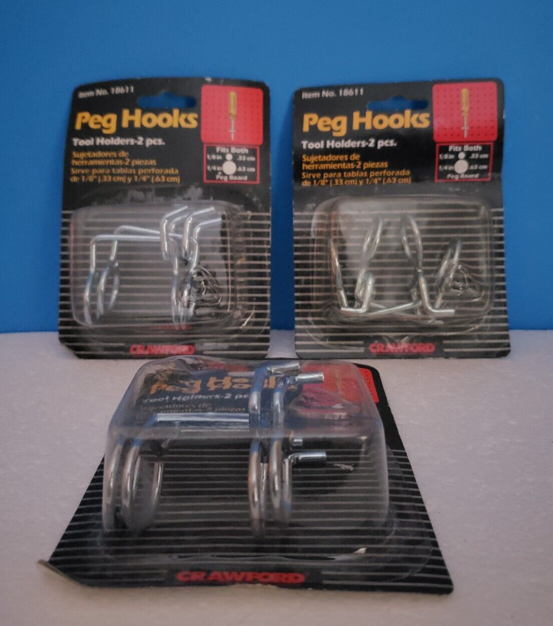 CRAWFORD LOCKING PEG HOOKS TOOL  HOLDERS #18611 ~ 3 NEW PACKAGES ~ 6 HOLDERS