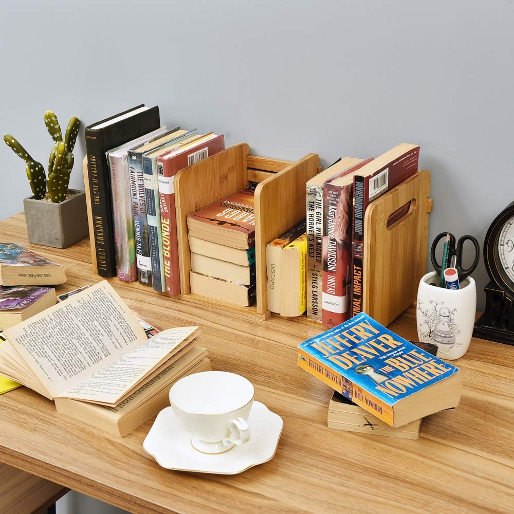 WELLAND Bamboo Desktop Bookshelf Small Book Rack Adjustable Desk Storage Orga...