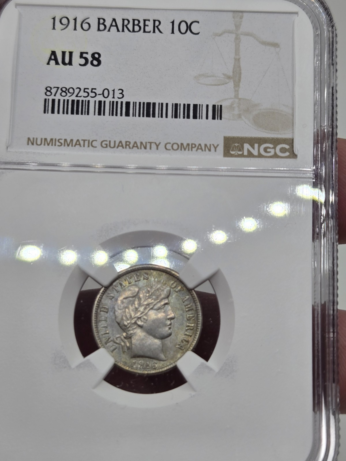 1916 Barber Silver Dime graded AU58 by Ngc ☆ Toned ☆