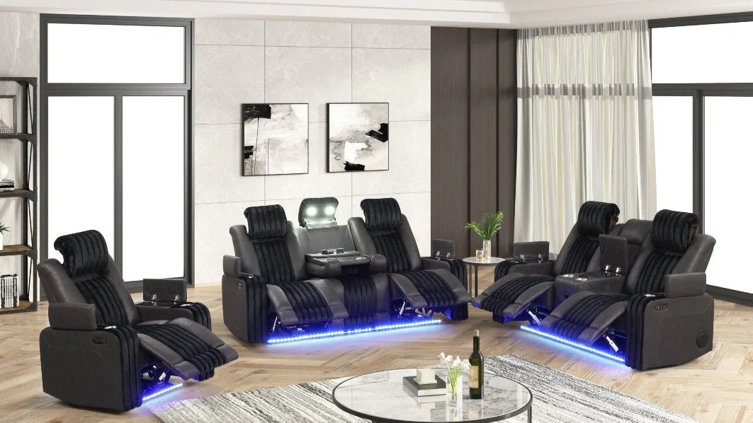 NEW LED 3PC Sofa Power Adj Headrest Recline Speaker Black Corduroy Reading Light