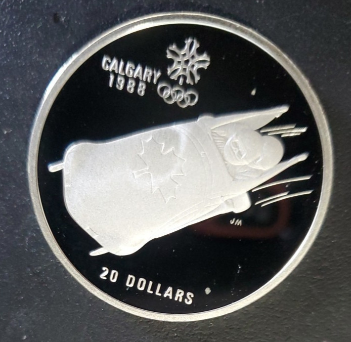 Calgary 1988 Olympic Bobsleigh Proof Sterling Silver Coin .925 Fine Silver Coin.