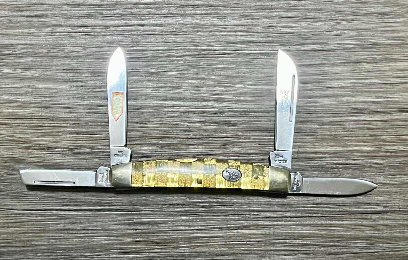 STEEL WARRIOR CONGRESS 4 BLADE FOLDING POCKET KNIFE GOLD TONE HANDLE