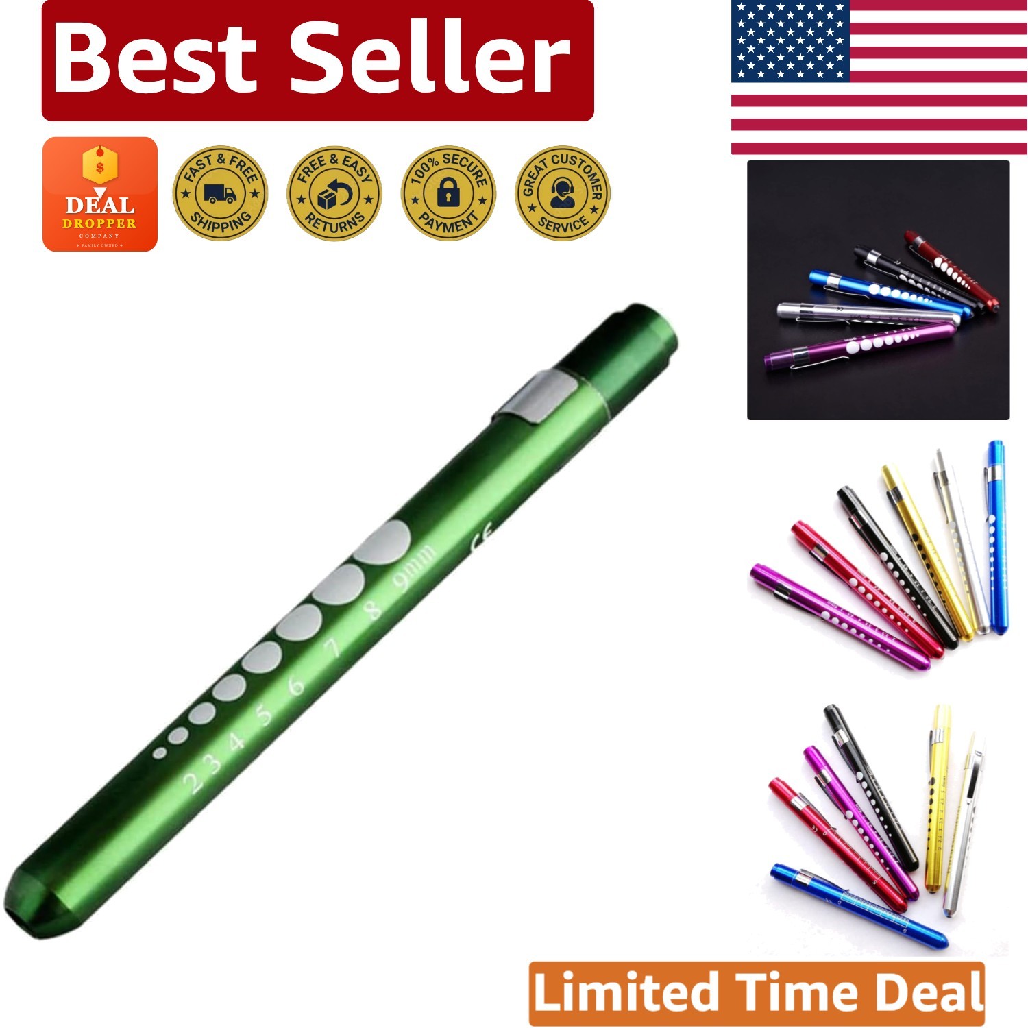 Battery Powered Green Medical Penlight with Pupil Gauge - Lightweight Design