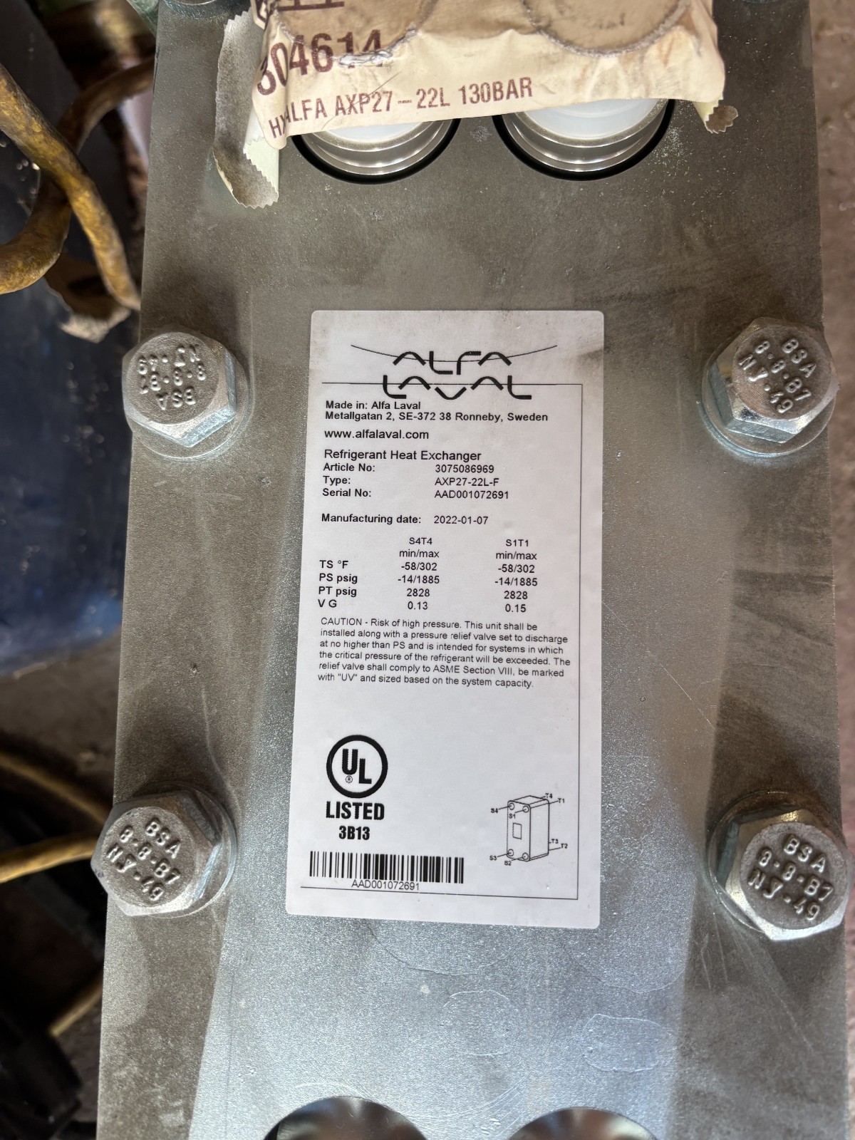 Alfa Laval Heat Exchanger AXP27-22L-F  SN- AAD001072691    27L-130BAR  NEW