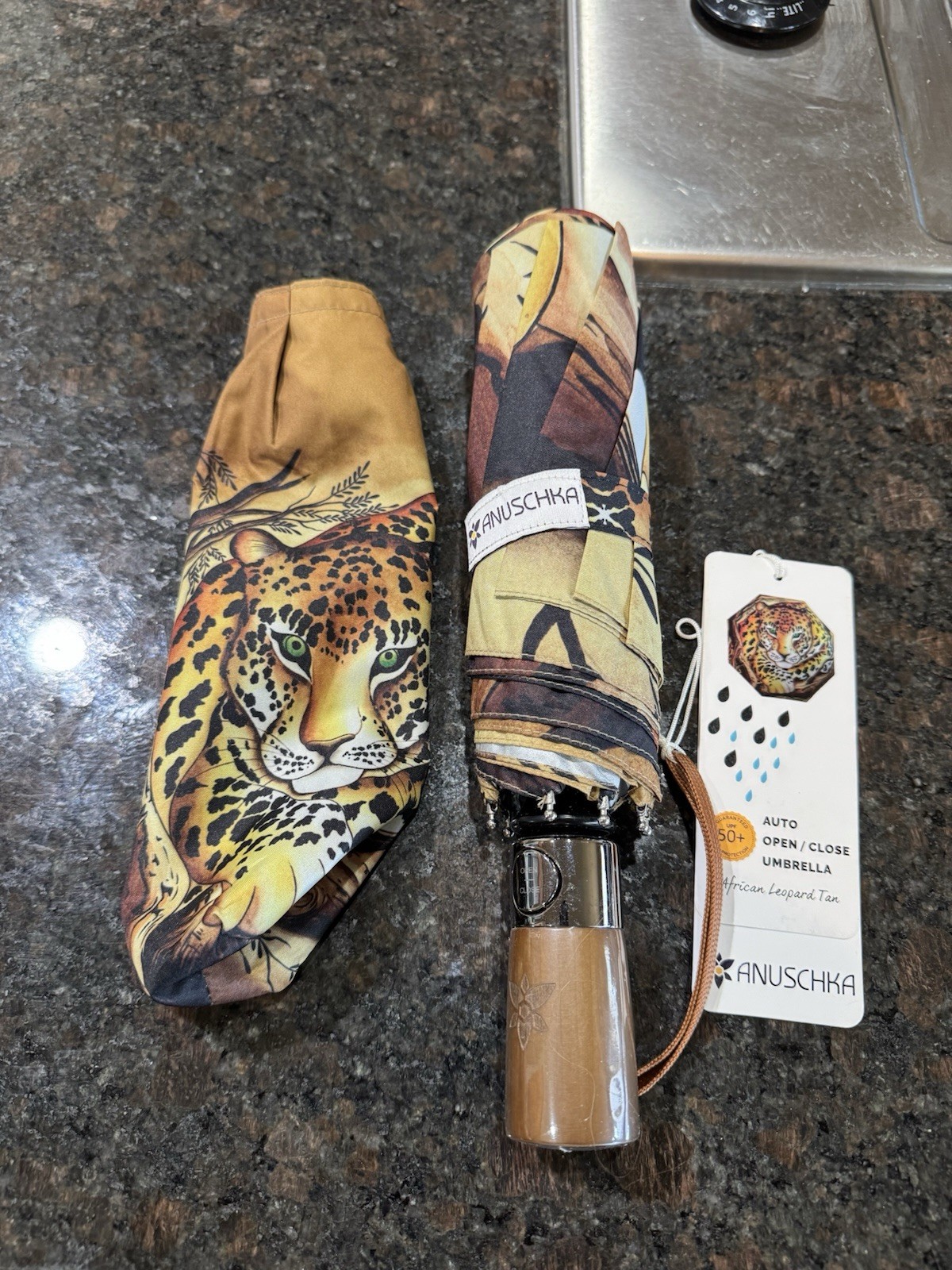 Anuschka Compact Umbrella African Leopard Print NWT