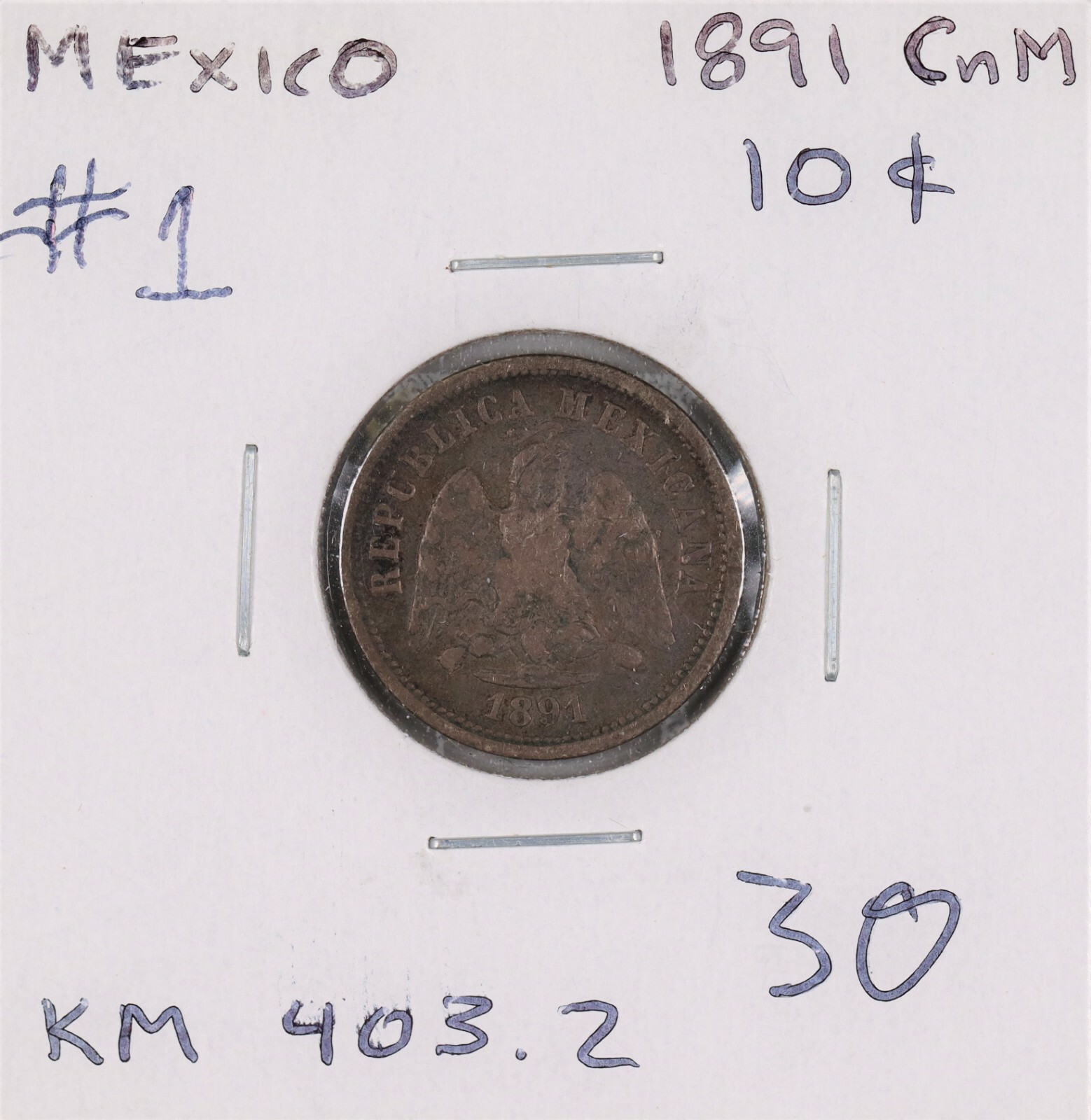 1891 Cn M Mexico 10 Centavos Coin