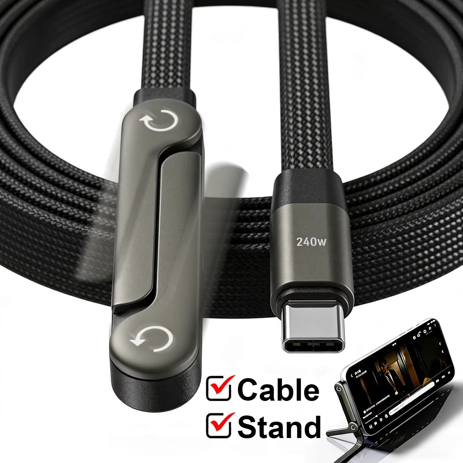 240W USB C To C Fast Charging Cable Foldable Stand Elbow Type C Data Cable