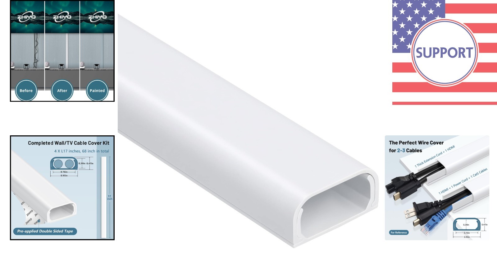 Self-Adhesive Cable Raceway for Safe & Neat Wall-Mounted TV Setup - 4 Pack