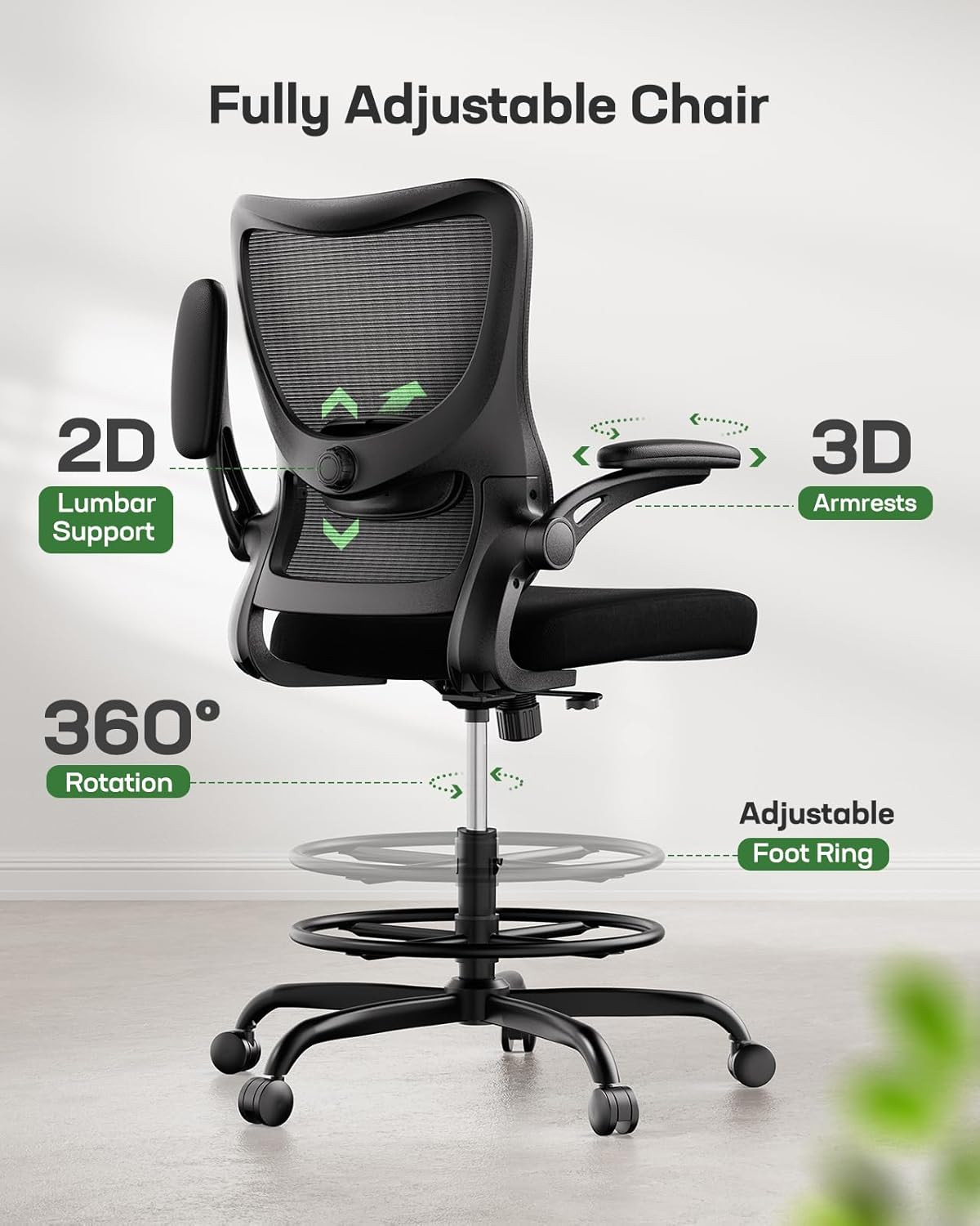 Drafting Chair, Tall Office Chair with 2D Lumbar Support, Standing Desk Chair wi
