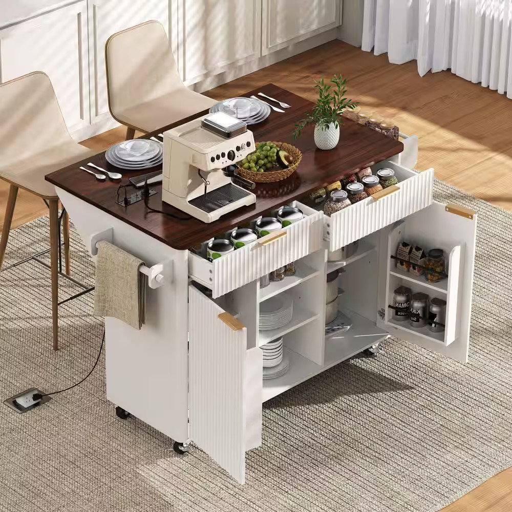 White Wood Fluted Rolling Kitchen Cart with Drop Leaf, Power Outlet, Adjustable