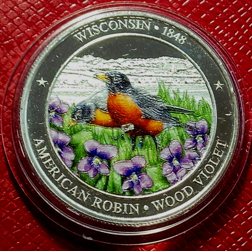 Wisconsin-Am. Robin-Wood Violet-State Flag Round 1 Troy oz. .999 Silver-Enameled